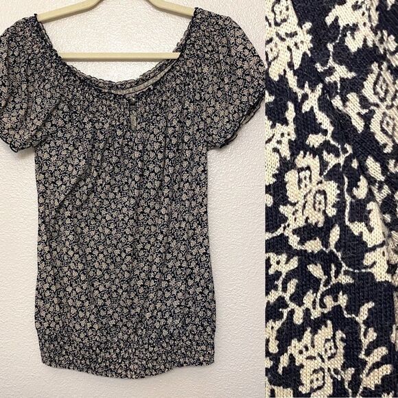 Lucky Brand boho white black print smocked cotton short sleeve blouse top-S - Picture 1 of 9